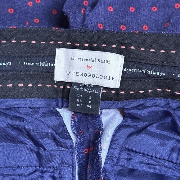 Anthropologie Pants US 2 Womens Blue Twill Circular Dot Ankle Red - Picture 7 of 9